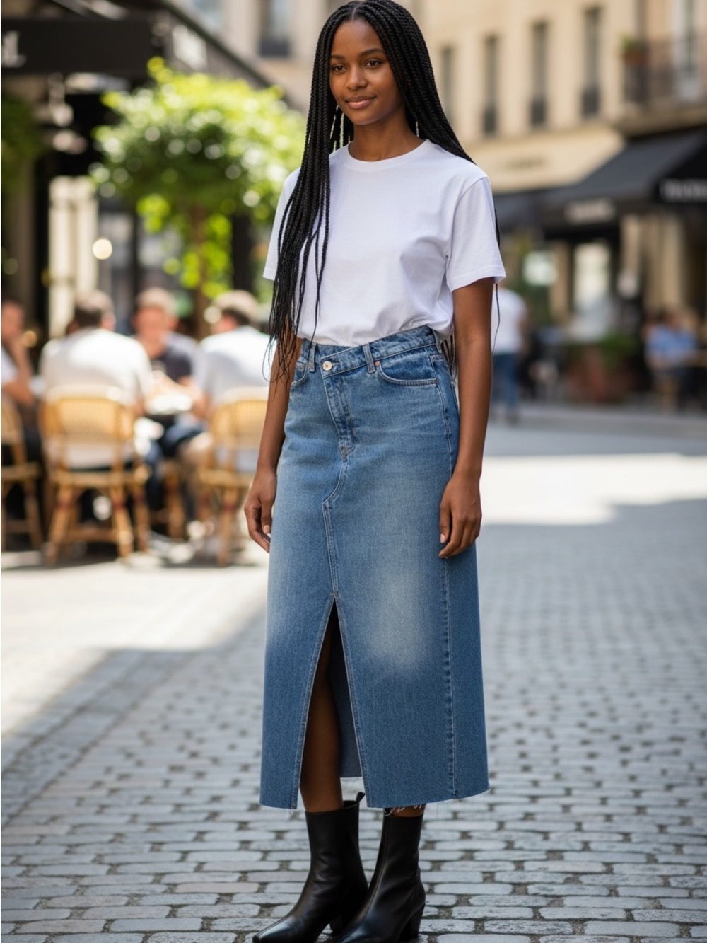 Reformation Nila Blue Denim Midi Skirt with Front Slit Size 31